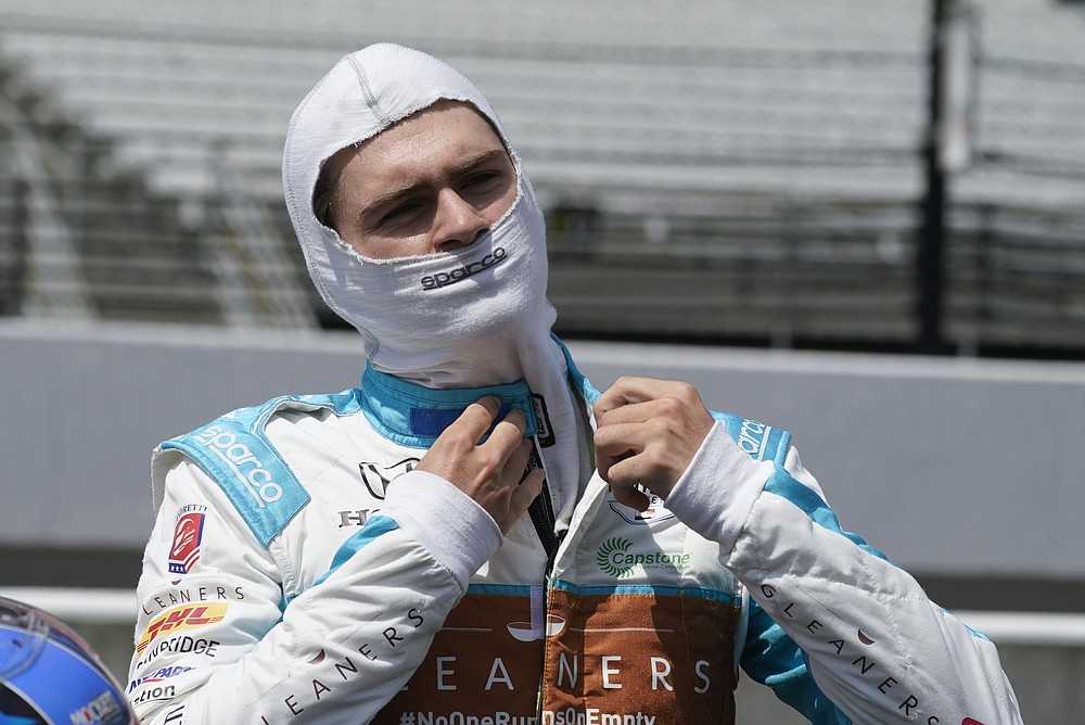 Colton Herta prepares to qualify for the Indianapolis 500 auto race at Indianapolis Motor Speedway, Saturday, Aug. 15, 2020, in Indianapolis. (AP Photo/Darron Cummings)