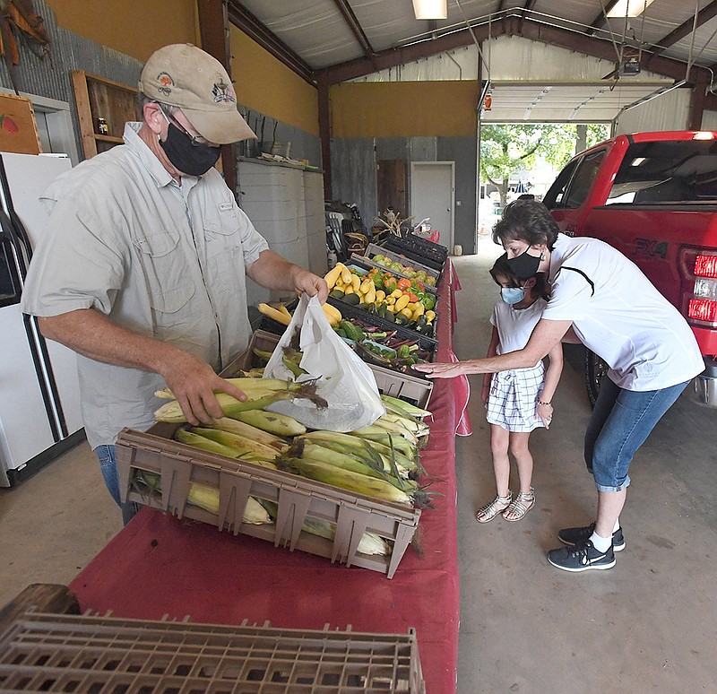 Mark January bags sweet corn Monday Aug. 17, 2020 while Connie Williams of Fayetteville and her granddaughter Madison Martinez, 8, look over the other vegetables for sale at the Reagan Family Farm in south Fayetteville. The farm also produces blueberries, strawberries and pumpkins seasonally. For information about the farm email reaganfamilyfarm@gmail.com. Visit nwaonline.com/200817Daily/ and nwadg.com/photos for a photo gallery. (NWA Democrat-Gazette/J.T.WAMPLER)
