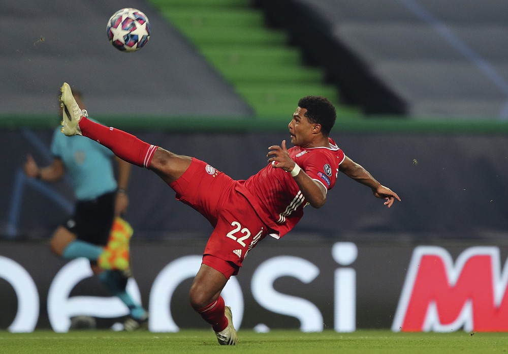 Bayern's Serge Gnabry tries to control the ball during the Champions League semifinal soccer match between Lyon and Bayern Munich at the Jose Alvalade stadium in Lisbon, Portugal, Wednesday, Aug. 19, 2020. (Miguel A. Lopes/Pool via AP)