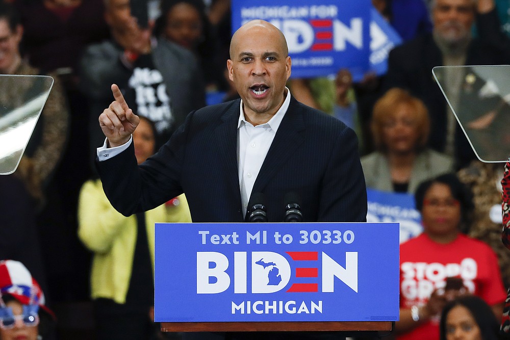 FILE - In this March 9, 2020 file photo, Sen. Cory Booker D-N.J., speaks at a campaign rally for Democratic presidential candidate former Vice President Joe Biden at Renaissance High School in Detroit. (AP Photo/Paul Sancya)