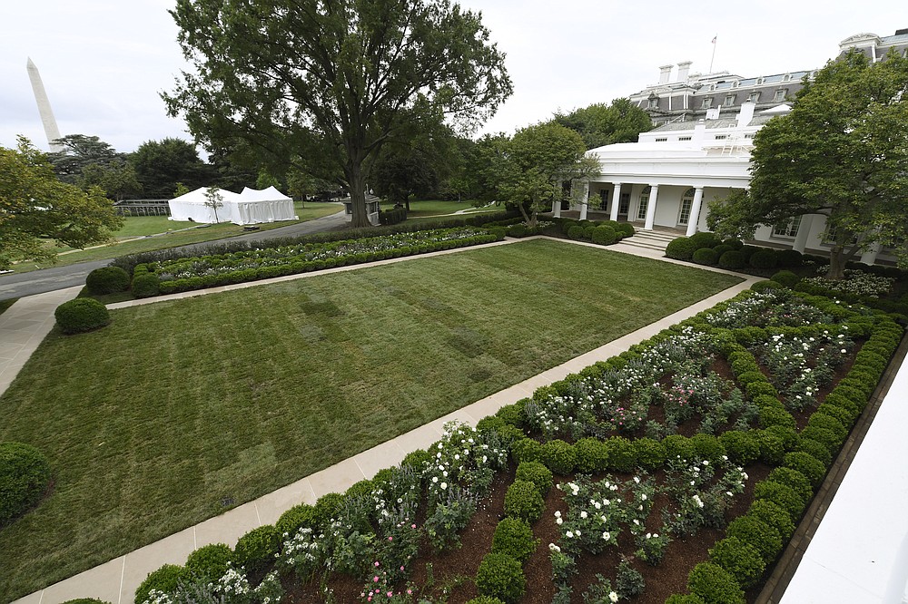 A view of the restored Rose Garden is seen at the White House in Washington, Saturday, Aug. 22, 2020. First Lady Melania Trump will deliver her Republican National Convention speech Tuesday night from the garden, famous for its close proximity to the Oval Office. The three weeks of work on the garden, which was done in the spirit of its original 1962 design, were showcased to reporters on Saturday. (AP Photo/Susan Walsh)