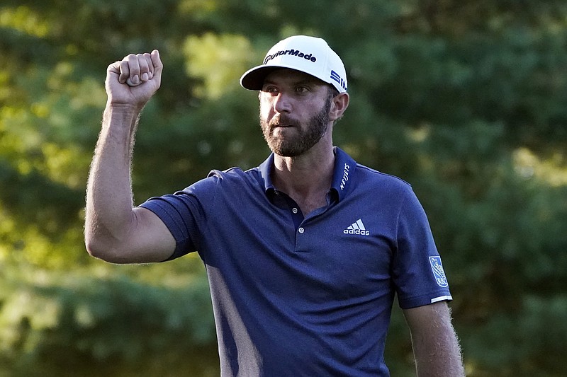 Dustin Johnson reacts to his birdie on the 17th hole during the third round of the Northern Trust golf tournament at TPC Boston, Saturday, Aug. 22, 2020, in Norton, Mass. (AP Photo/Charles Krupa)