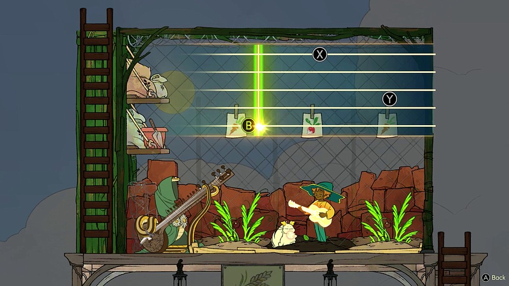 Summer, the shawl-wearing snake, sings and Stella plays a guitar to make plants grow in the videogame "Spiritfarer." (courtesy Thunder Lotus Games)