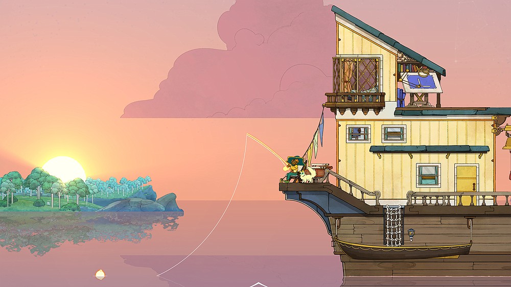 Stella and Daffodil enjoy fishing as they pursue Stella’s duties as ferrymaster to the afterlife across a magical sea where souls stranded on islands must be carried to their final portal in the videogame “Spiritfarer.” (Courtesy Thunder Lotus Games)