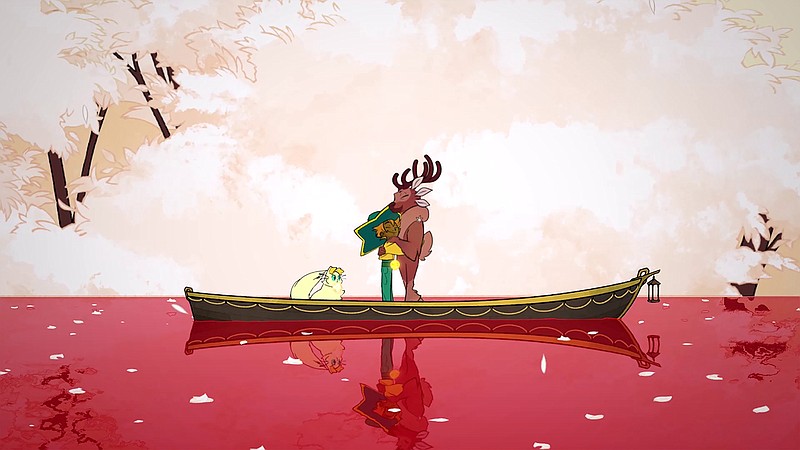 As Daffodil looks on, Stella hugs Gwen the deer goodbye in the videogame "Spiritfarer." (courtesy Thunder Lotus Games)