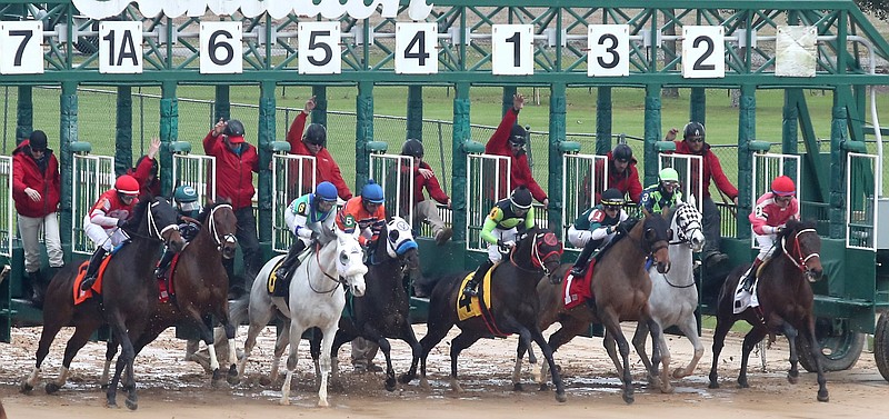 Horses and Jockeys break from the gate during the first race of the 2020 live race meet at Oaklawn Racing Casino Resort on Jan. 24. - Photo by Richard Rasmussen of The Sentinel-Record