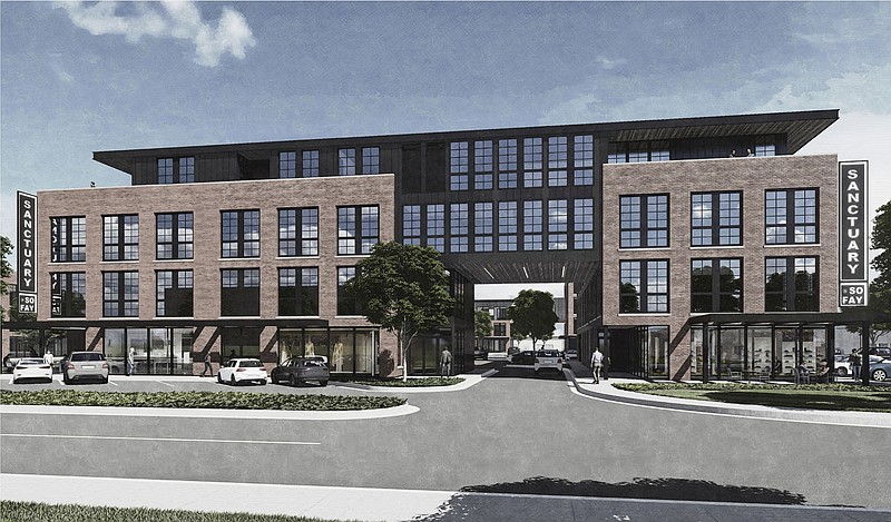 A rendering shows the view from 15th Street of the planned Sanctuary at SoFay mixed-use development in south Fayetteville. The City Council on Tuesday will consider a rezoning request for the project.
(Courtesy Photo/ELONG Architecture+Planning) story.lead_photo.caption