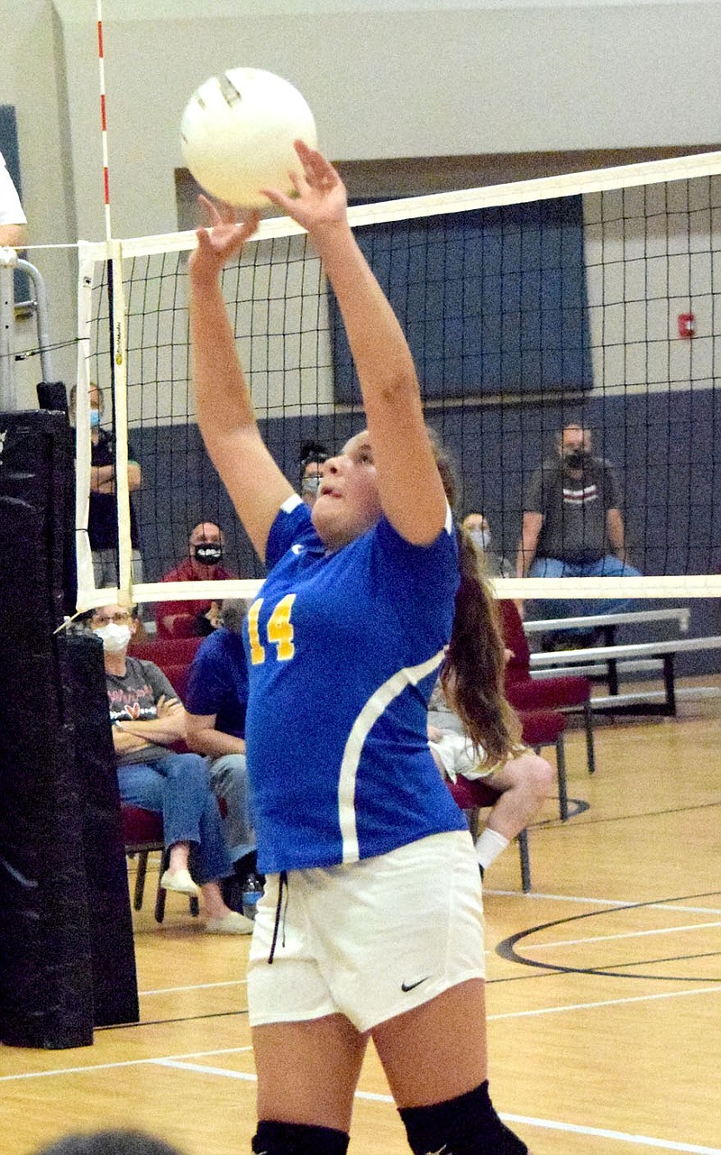 Westside Eagle Observer/MIKE ECKELS

After taking a pass from one of her team mates, Lady Bulldog Annabelle Bell passes to the back field during the second set of the Life Way-Decatur volleyball match in the gym at First Baptist Church of Centerton September 1. Bell's pass eventually resulted in a point for the Lady Bulldogs.