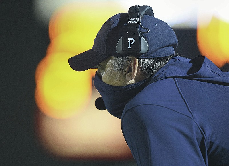 Har-Ber head coach Chris Wood looks on, Friday, September 4, 2020 during a football game at Springdale Har-Ber High School in Springdale. North Little Rock leads 21-17 at the half. Check out nwaonline.com/200905Daily/ for today's photo gallery.
(NWA Democrat-Gazette/Charlie Kaijo) story.lead_photo.caption