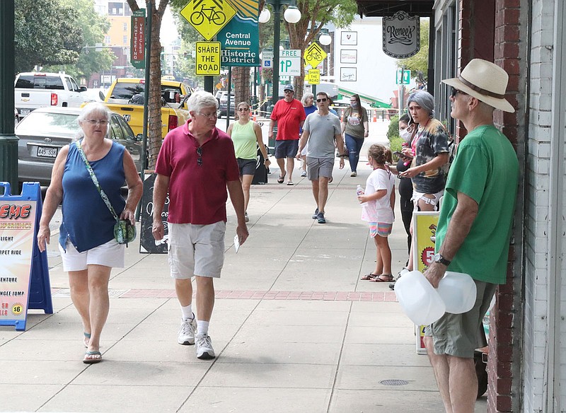 Downtown visitors walk in the 400 block of Central Avenue on Tuesday, Sept. 8, 2020. - Photo by Richard Rasmussen of The Sentinel-Record