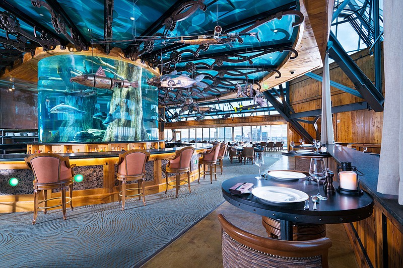 A massive circular 10,000-gallon catfish aquarium commands the middle of the The Lookout restaurant on the top level of the Bass Pro Shops Pyramid in Memphis.

(Courtesy Photo)