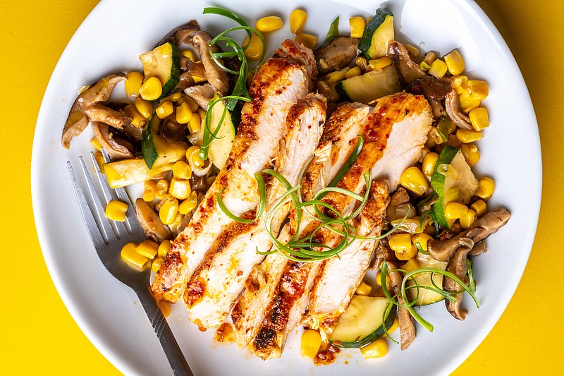 Gochugaru Chicken With Corn, Mushrooms and Zucchini 

(For The Washington Post/Laura Chase de Formigny)