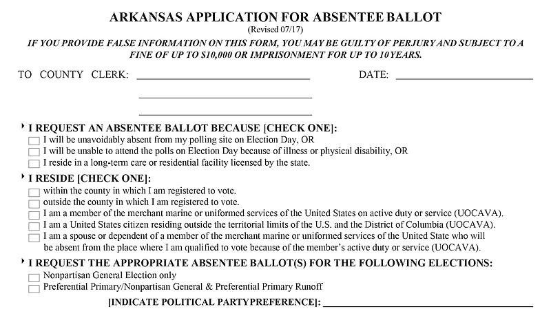 This photo illustration shows part of the absentee ballot application form available through the Arkansas secretary of state's website. - Photo illustration by The Sentinel-Record