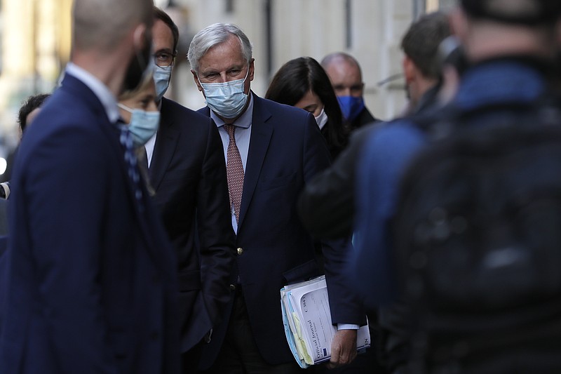 EU Chief negotiator Michel Barnier, leaves after a meeting at Westminster Conference Centre in London, Thursday, Sept. 10, 2020. UK and EU officials have their eighth round of Brexit negotiations in London. (AP Photo/Kirsty Wigglesworth)