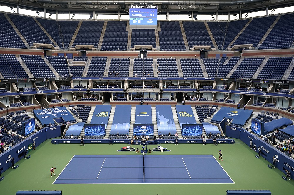 Victoria Azarenka, of Belarus, returns a shot to Naomi Osaka, of Japan, during the women's singles final of the US Open tennis championships, Saturday, Sept. 12, 2020, in New York. (AP Photo/Frank Franklin II)