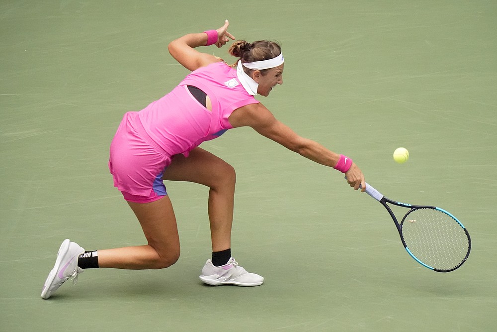 Victoria Azarenka, of Belarus, returns a shot to Naomi Osaka, of Japan, during the women's singles final of the US Open tennis championships, Saturday, Sept. 12, 2020, in New York. (AP Photo/Frank Franklin II)