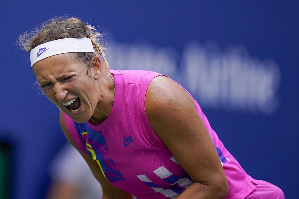 Victoria Azarenka, of Belarus, reacts during the women's singles final against Naomi Osaka, of Japan, during the US Open tennis championships, Saturday, Sept. 12, 2020, in New York. (AP Photo/Seth Wenig)