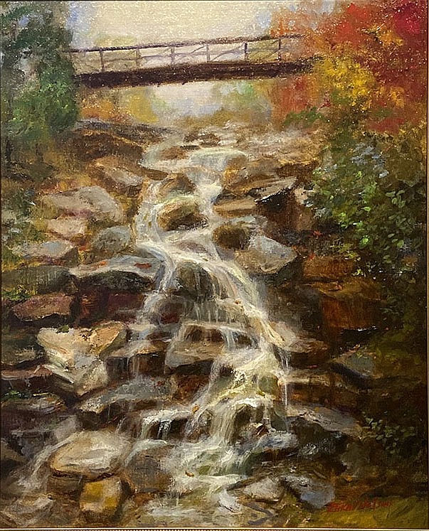 “After the Rain”
By Erika Nelson
From the artist’s statement: “I had polio when I was 6 months old, which paralyzed both legs and my upper right arm. Due to extreme polio, I developed an extreme case of scoliosis, and I use my motorized wheelchair daily. I graduated from a stroller to a wheelchair. Due to my physical limitations, I explore a lot of easels and other art tools that might better accommodate my wheelchair because I would really like to be able to work on larger pieces. My left arm is my painting arm, which also is my cooking, cleaning, bodily support, leg carrier and texter arm.”