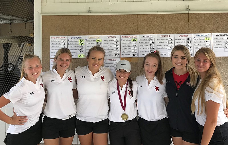 RICK PECK/SPECIAL TO MCDONALD COUNTY PRESS The McDonald County High School girls' golf team took second place at the Joplin Girls' High School Golf Tournament held on Sept. 9 at Schifferdecker Golf Course in Joplin. From left to right are Kelsie Lilly, Kyla Moore, Jolie Stipp, Lily Allman, Anna Mead, Lundyn Trudeau and Fayth Ogden.