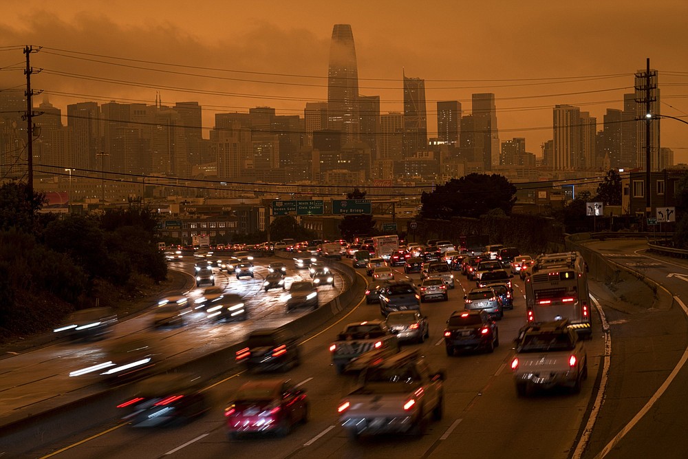 Smoke hangs over highway 101 and buildings in San Francisco on Sept. 9, 2020. Lethal wildfires look likely to affect the lumber industry. MUST CREDIT: Bloomberg photo by David Paul Morris