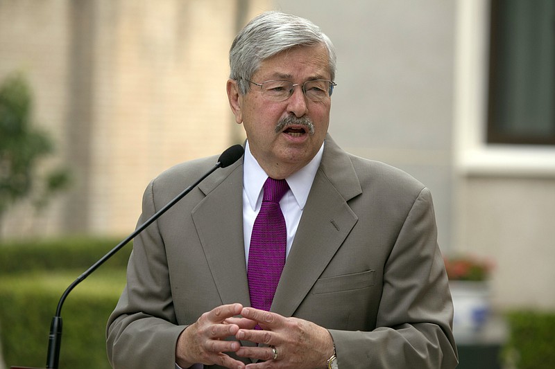 FILE - In this June 28, 2017, file photo, U.S. Ambassador to China Terry Branstad makes comments about pro-democracy activist and Nobel Laureate Liu Xiaobo during a photocall and remarks to journalists at the Ambassador's residence in Beijing. Branstad appears to be leaving his post, based on tweets by Secretary of State Mike Pompeo. Pompeo thanked Branstad for more than three years of service on Twitter on Monday, Sept. 14, 2020. (AP Photo/Ng Han Guan, File)