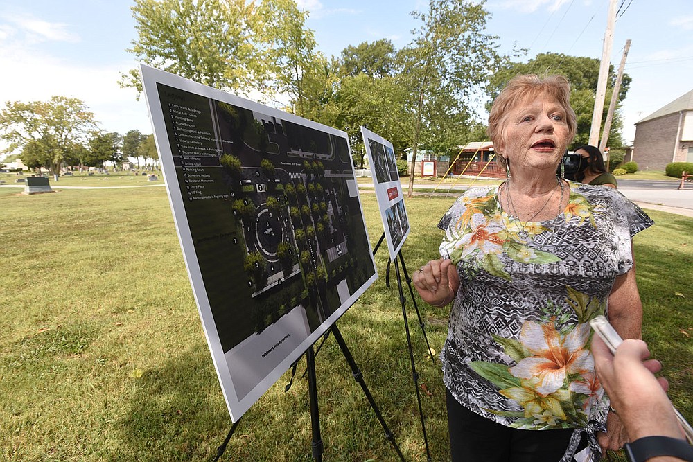 Ann Rossi with United Daughters of the Confederacy talks Tuesday Sept. 15 2020 about the design of James H. Berry park in Bentonville. Go to nwaonline.com/200916Daily/ to see more photos.
(NWA Democrat-Gazette/ Flip Putthoff)