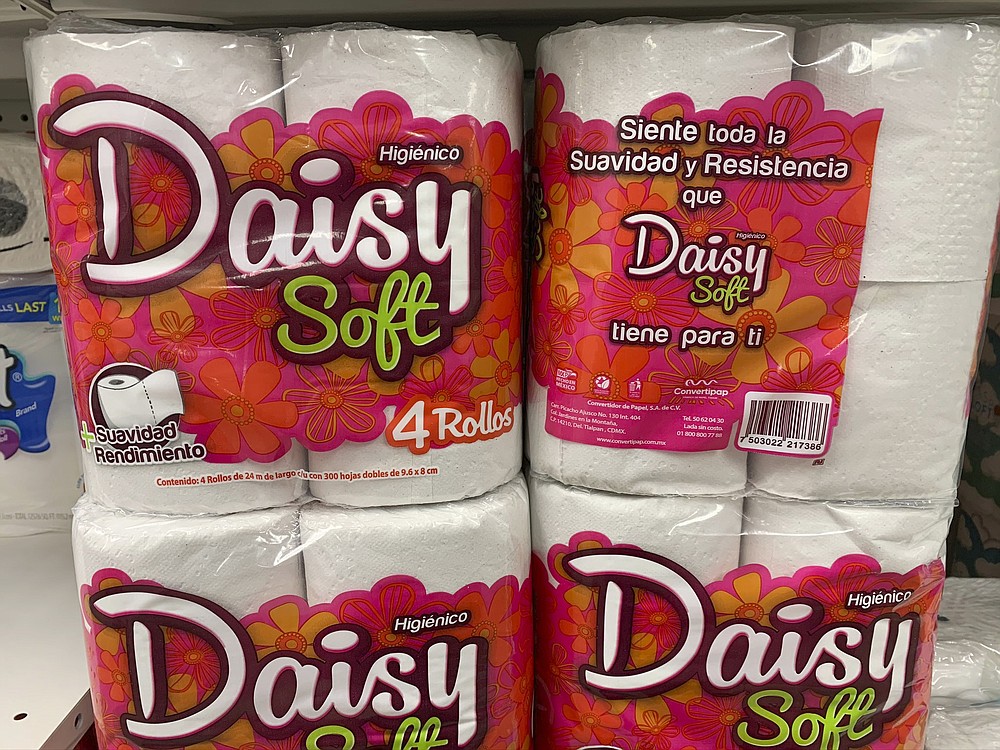 This Sept. 11, 2020, photo, shows Daisy Soft, a Mexican toilet paper brand, on the shelf at a CVS in New York. Demand for toilet paper has been so high during the pandemic that in order to keep their shelves stocked, retailers across the country are buying up foreign toilet paper brands, mostly from Mexico. (AP Photo/Joseph Pisani)