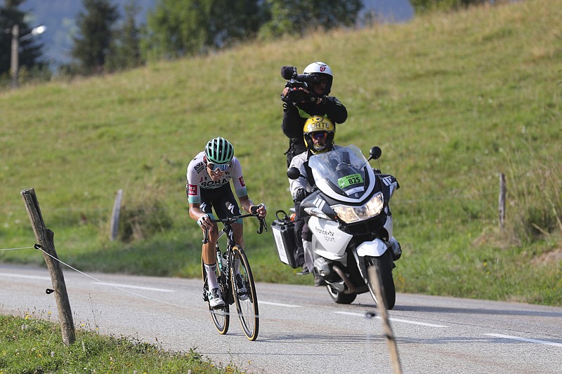 German Lennard Kamna rides Tuesday to win the 16th stage of the Tour de France, which runs over 164 kilometers (102 miles) from La Tour-du-Pin to Villard-de-Lans. - Photo by Thibault Camus of The Associated Press story.lead_photo.caption