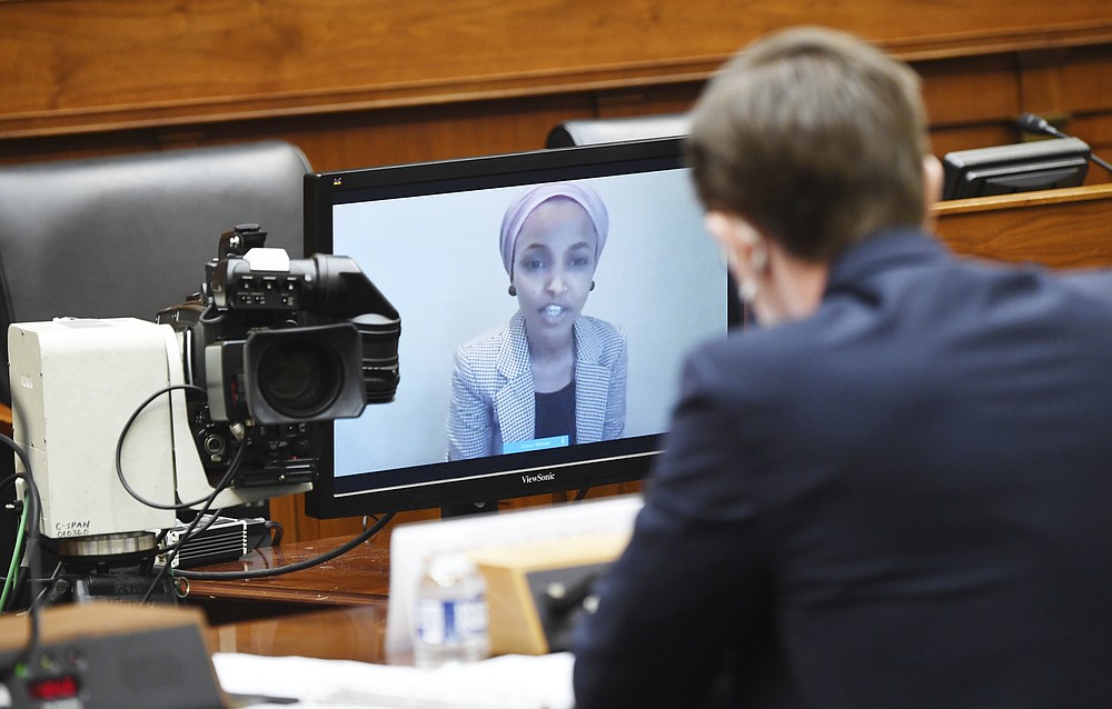 Marik String, Acting Legal Adviser for the State Department, is questioned via video by Rep. Ilhan Omar, D-Minn., during a House Committee on Foreign Affairs hearing looking into the firing of State Department Inspector General Steven Linick, Wednesday, Sept. 16, 2020 on Capitol Hill in Washington. (Kevin Dietsch/Pool via AP)