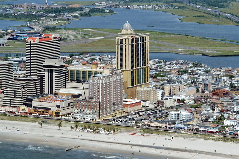 This July 11, 2014 aerial photo shows the Tropicana casino, center, in Atlantic City N.J. The Tropicana announced Wednesday, Sept. 16, 2020, the appointment of Jacqueline Grace senior vice president and general manager, making her the fourth women currently in charge of an Atlantic City casino and the second Black woman. (AP Photo/Wayne Parry)