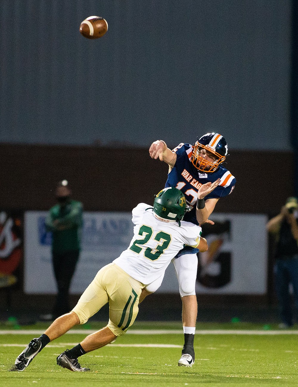 Reagan Birchfield (23) of Alma pressures Carter Hensley (12) of Rogers Heritage at David Gates Stadium, Rogers, Arkansas on Friday, September 18, 2020 / Special to NWA Democrat-Gazette/ David Beach