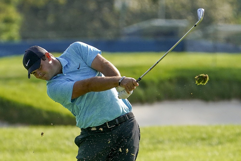 Patrick Reed, of the United States, plays a shot off the second fairway during the second round of the US Open Golf Championship, Friday, Sept. 18, 2020, in Mamaroneck, N.Y. (AP Photo/John Minchillo)
