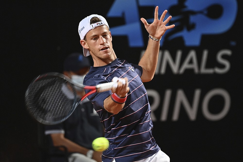 Argentina's Diego Schwartzman returns the ball to Spain's Rafael Nadal during their quarterfinals at the Italian Open tennis tournament, in Rome, Saturday, Sept. 19, 2020. (Alfredo Falcone/LaPresse via AP)