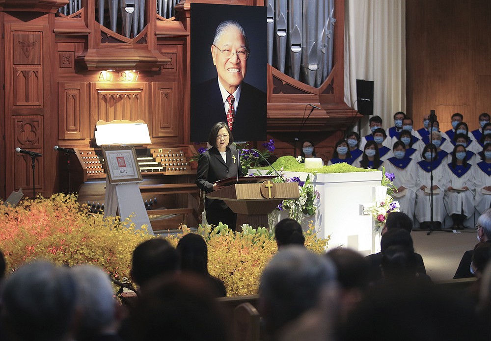 Taiwan President Tsai Ing-wen speaks during a memorial service for the late former Taiwanese President Lee Teng-hui in Taipei, Taiwan on Saturday, Sept. 19, 2020. Lee, remembered for leading the island's transition to democracy, died at age 97 in July, (Pool Photo via AP)