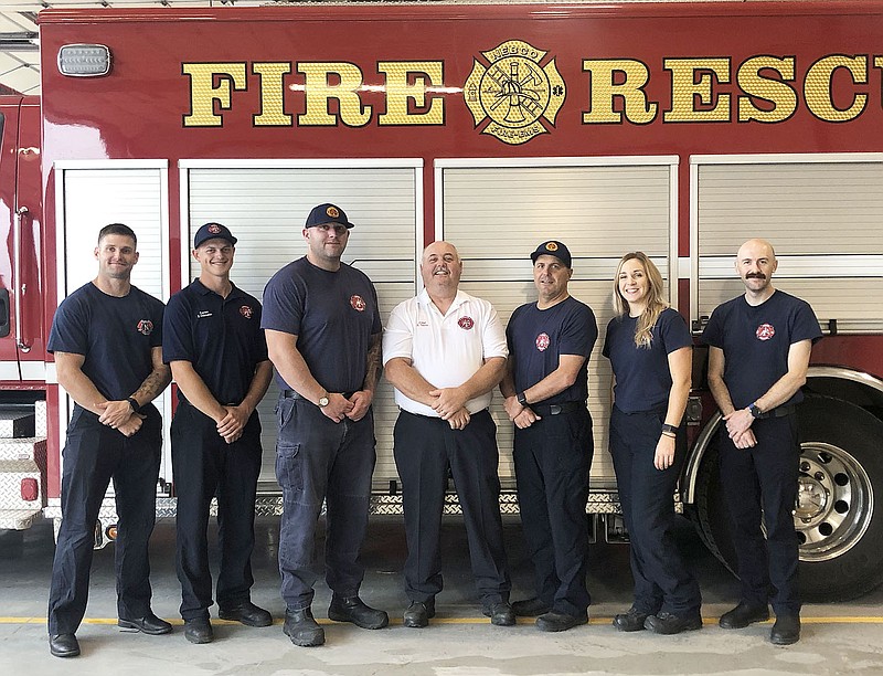 From left Firefighter/Paramedic Cash Cawthon, Captain Zach Oldebeken,  Firefighter/Paramedic Anthony Aresco, Chief Rob Taylor, Firefighter/Paramedic Cleve Clark, Firefighter/Paramedic  Kari Crump, Captain Andy Driggs.