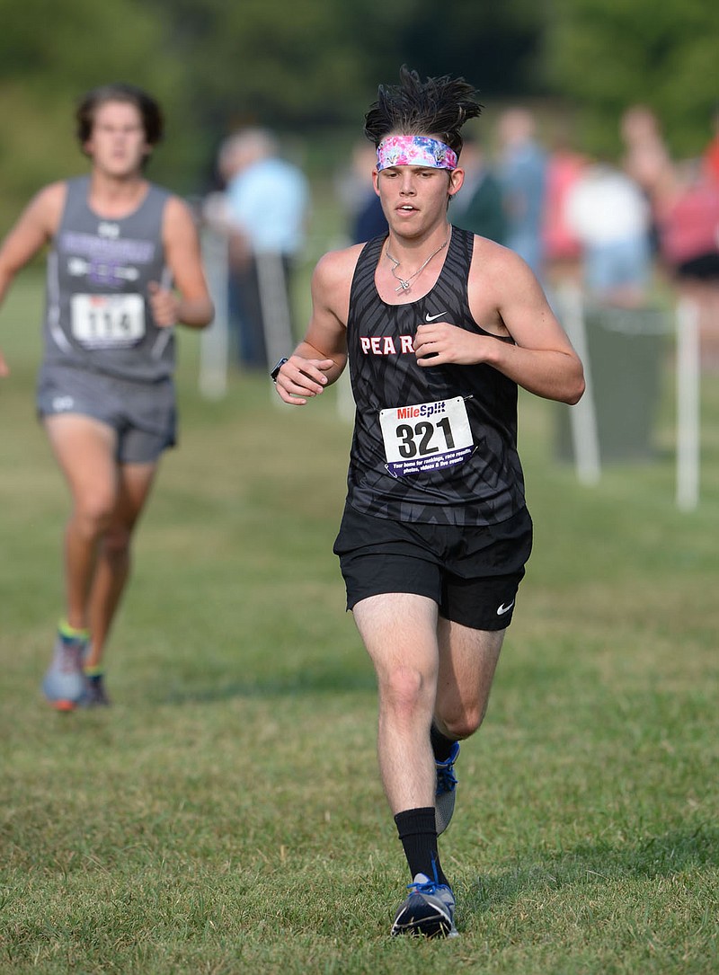 Pea Ridge's Elijah Wiggins (321) competes Saturday, Sept. 19, 2020, in the high school boys race of the Siloam Springs Panther Cross Country Classic at the Simmons Course in Siloam Springs. Visit nwaonline.com/200921Daily/ for today's photo gallery. 
(NWA Democrat-Gazette/Andy Shupe)