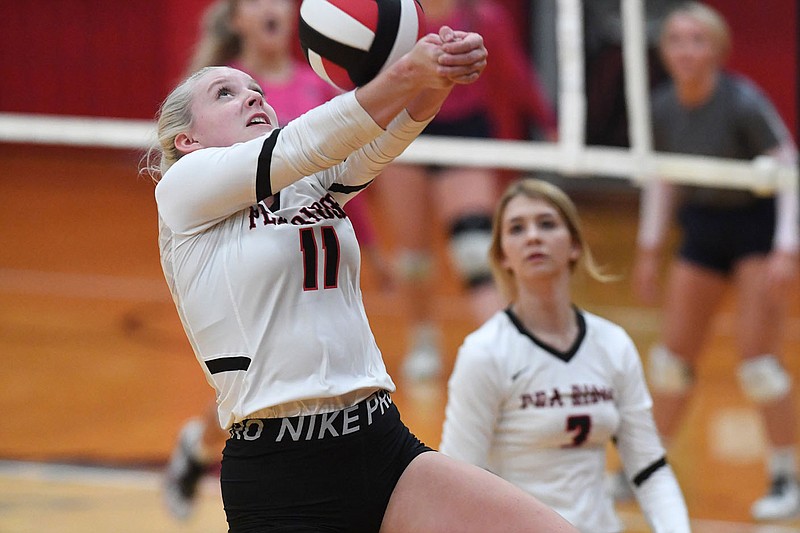 Pea Ridge's Olivia McCracken bumps the ball against Shiloh Christian Thursday Sept. 17, 2020 at Pea Ridge. For more photos visit http://nwamedia.photoshelter.com/ (NWA Democrat-Gazette/J.T.WAMPLER)