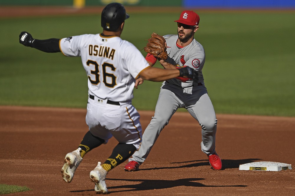 St. Louis Cardinals' Paul DeJong prepares to tag out Pittsburgh Pirates' Jose Osuna during the third inning of a baseball game, Sunday, Sept. 20, 2020, in Pittsburgh. (AP Photo/David Dermer) Pennsylvania