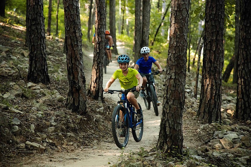 Miles and Sullivan Dockery crank it out on Coachwhip, part of the new Pinnacle Mountain Monument Trail. (Special to the Democrat-Gazette/Jacob Stanford)