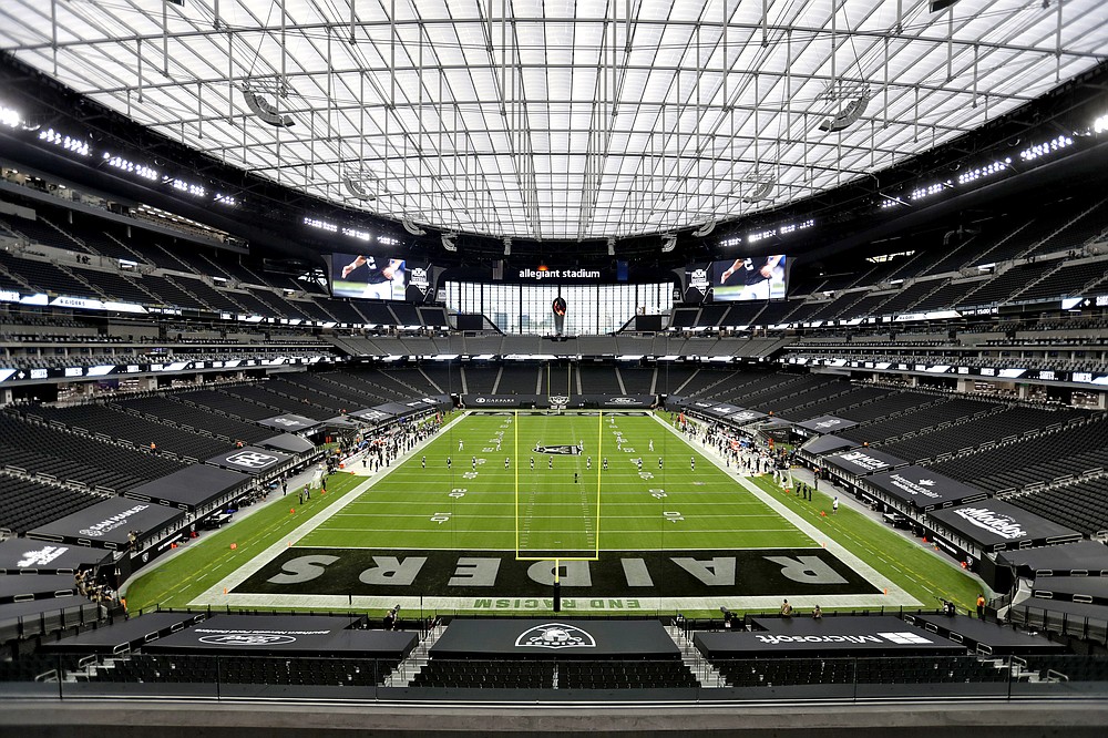 The Las Vegas Raiders kick off to the New Orleans Saints to start an NFL football game, Monday, Sept. 21, 2020, in Las Vegas. (AP Photo/Isaac Brekken)