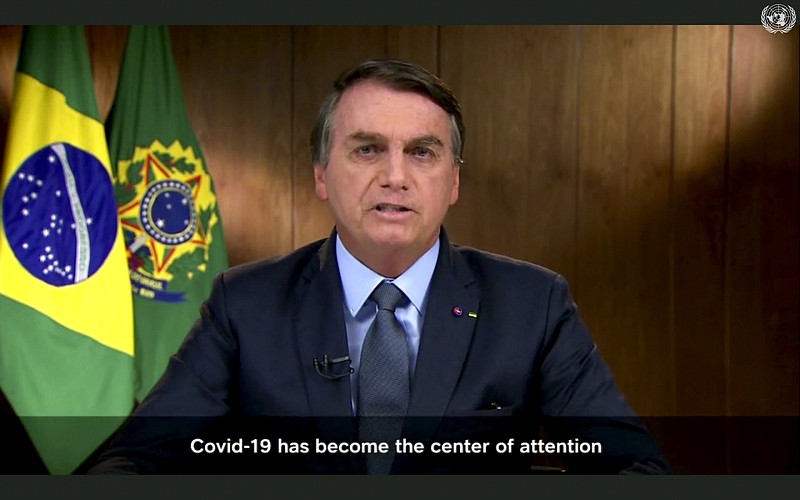 In this image made from UNTV, Brazilian President Jair Bolsonaro speaks in a pre-recorded message which was played during the 75th session of the United Nations General Assembly, Tuesday, Sept. 22, 2020, at U.N. headquarters in New York. The U.N.'s first virtual meeting of world leaders started Tuesday with pre-recorded speeches from some of the planet's biggest powers, kept at home by the coronavirus pandemic that will likely be a dominant theme at their video gathering this year. (UNTV via AP )
