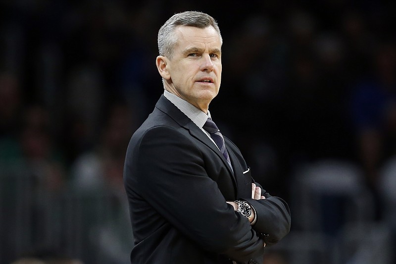 FILE - In this March 8, 2020, file photo, Oklahoma City Thunder coach Billy Donovan watches during the second half of the team's NBA basketball game against the Boston Celtics in Boston. The Chicago Bulls hired Donovan as coach Tuesday, Sept. 22. The 55-year-old Donovan spent the last five seasons with the Thunder. He replaces Jim Boylen, who was fired after the Bulls finished 22-43 and were one of the eight teams that didn’t qualify for the NBA’s restart at Walt Disney World. (AP Photo/Michael Dwyer, File)