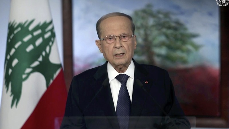 In this image made from UNTV video, Michel Aoun, President of Lebanon, speaks in a pre-recorded message which was played during the 75th session of the United Nations General Assembly, Wednesday, Sept. 23, 2020, at UN headquarters.   (UNTV via AP)