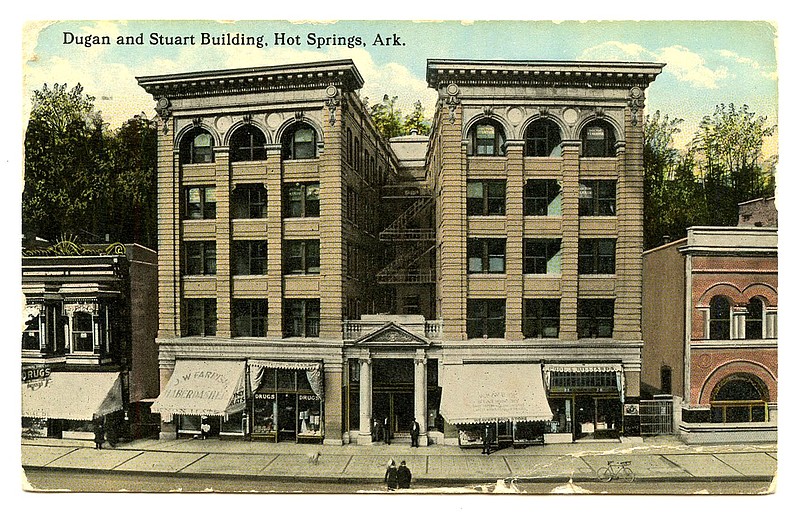 HOT SPRINGS (March 5, 1919): The striking Dugan and Stuart Building was erected in 1904 by Chicago natives C.B. Dugan and Dan Stuart, who owned the Southern Club nextdoor. The building was built to provide doctors offices. It still stands, mostly empty above street level and with its columned, Greek-style central entrance covered.
Arkansas Postcard Past, P.O. Box 2221, Little Rock, AR 72203 story.lead_photo.caption