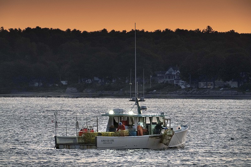 The crew on a lobster boat hauls traps at sunrise, Monday, Sept. 21, 2020, off Portland, Maine. The state's lobster fishermen braced for a difficult summer this year due to the coronavirus pandemic, but the season was unexpectedly decent. (AP Photo/Robert F. Bukaty)