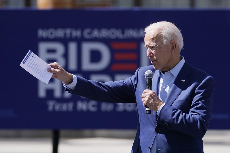 FILE - In this Sept. 23, 2020, file photo Democratic presidential candidate former Vice President Joe Biden speaks during a Biden for President Black economic summit at Camp North End in Charlotte, N.C. (AP Photo/Carolyn Kaster, File)