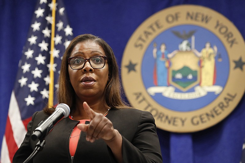 FILE- In this Aug. 6, 2020 file photo, New York State Attorney General Letitia James takes a question at a news conference in New York. During a Tuesday, Sept. 29 media conference call on an initiative, dubbed "Operation Corrupt Collector," James offered frank advice to older people who are often seen as easy marks for dubious debt collectors. "Senior citizens, as I always say, they've earned the right to hang up and to be rude," James said. "Most seniors are not rude, but when it comes to individuals engaging in illegal conduct, they should hang up and report the collector to the FTC immediately." (AP Photo/Kathy Willens, File)