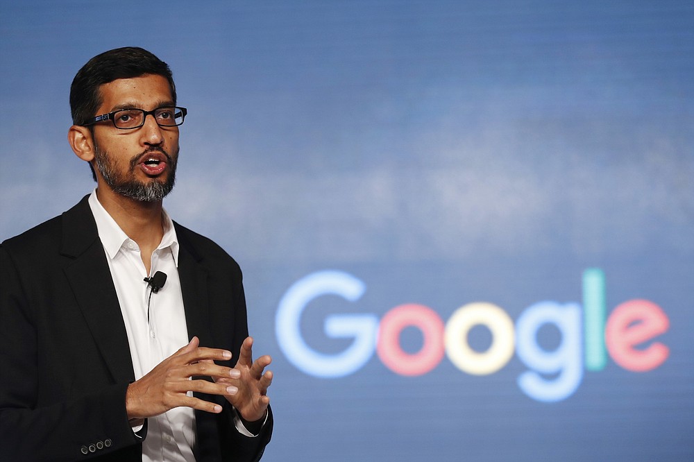 FILE - In this Jan. 4, 2017, file photo, Google CEO Sundar Pichai speaks during a news conference on Google's collaboration with small scale local businesses in New Delhi. U.S. tech companies fear the Trump administration will target a visa program they cherish for bringing in engineers and other specialized workers from other countries. Although these visas, known as H-1B, aren't supposed to displace American workers, critics say safeguards are weak. A federal judge on Thursday, Oct. 1, 2020, temporarily lifted a visa ban on a large number of work permits, undercutting a measure that the Trump administration says will protect American jobs in a pandemic-wracked economy. (AP Photo/Tsering Topgyal, File)