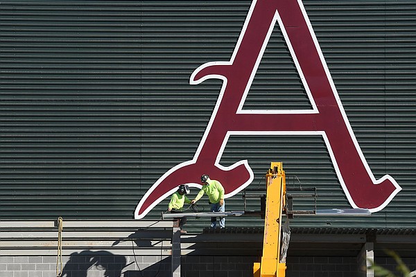 Construction continues Monday Oct. 5, 2020 on the 45,000-square-foot baseball center being built on the southwest side of Baum-Walker Stadium in Fayetteville. The project includes new right-field seating options for Arkansas’ home baseball games. Visit nwadg.com/photos for more images. (NWA Democrat-Gazette/J.T.WAMPLER)