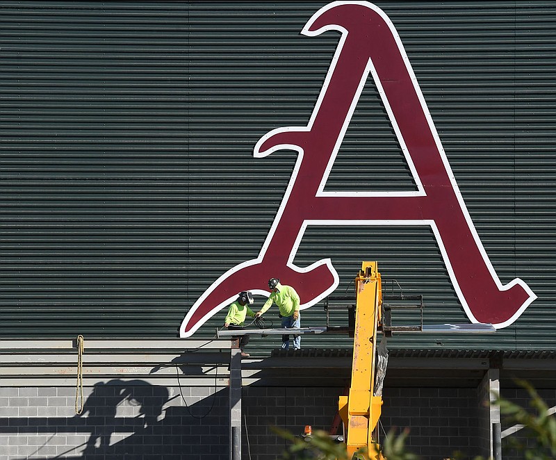 Construction continues Monday Oct. 5, 2020 on the 45,000-square-foot baseball center being built on the southwest side of Baum-Walker Stadium in Fayetteville. The project includes new right-field seating options for Arkansas’ home baseball games. Visit nwadg.com/photos for more images. (NWA Democrat-Gazette/J.T.WAMPLER) Construction continues Monday Oct. 5, 2020 on the 45,000-square-foot baseball center being built on the southwest side of Baum-Walker Stadium in Fayetteville. The project includes new right-field seating options for Arkansas’ home baseball games. Visit nwadg.com/photos for more images. (NWA Democrat-Gazette/J.T.WAMPLER)